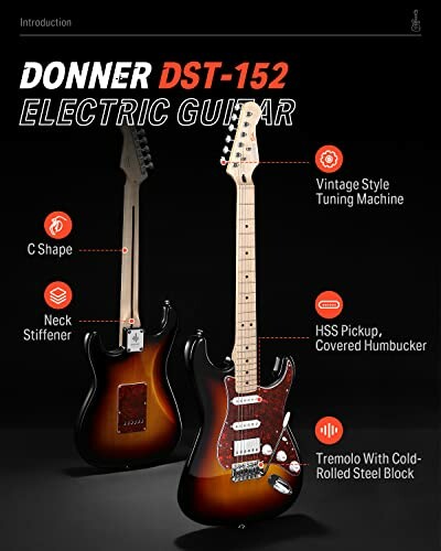 Donner DST-152 electric guitar with features highlighted.