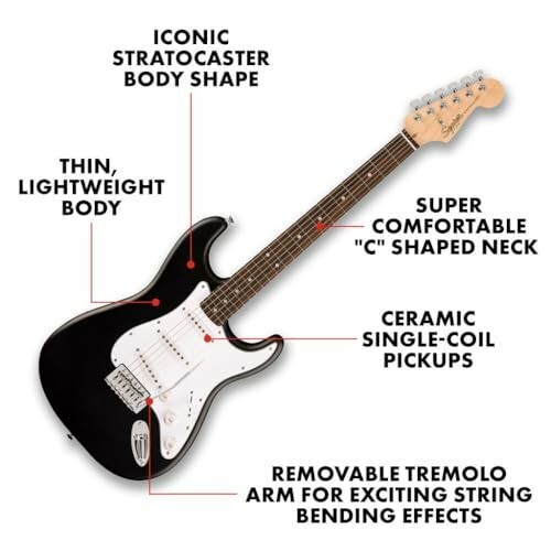 Electric guitar with labeled features including iconic Stratocaster body shape, lightweight body, C-shaped neck, ceramic single-coil pickups, and removable tremolo arm.